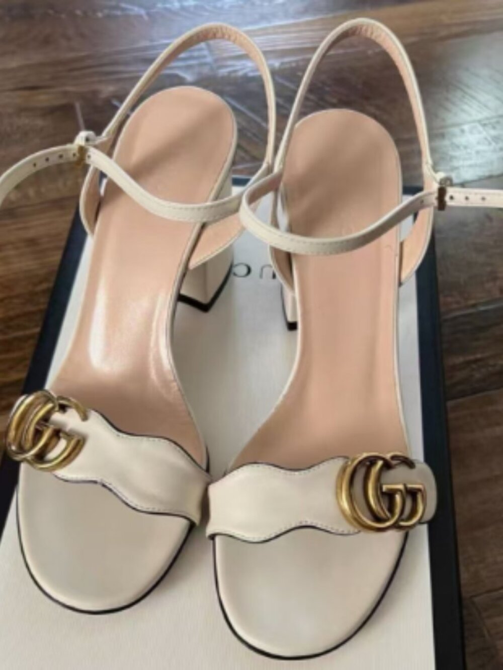 Gucci White Leather GG Logo Block-Heel Sandals